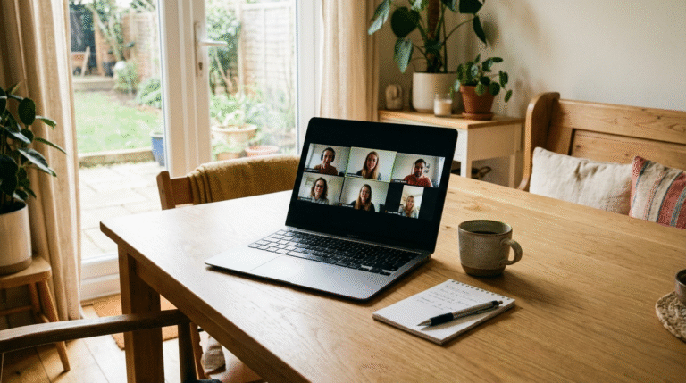 Laptop på ett köksbord med ett pågående videomöte — vardaglig hemma-känsla som signalerar tillgänglighet.